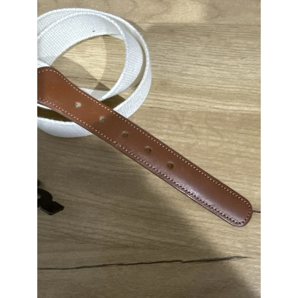 Vintage Coach Leather Canvas Belt 3815‎ Brass White Linen Brown Tan Size 34